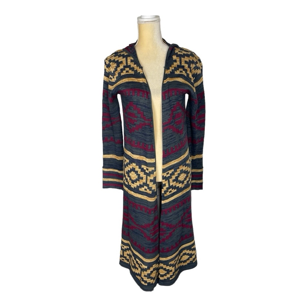 PAPER CRANE‎ Hooded Duster Cardigan Open Sweater Aztec Size Small